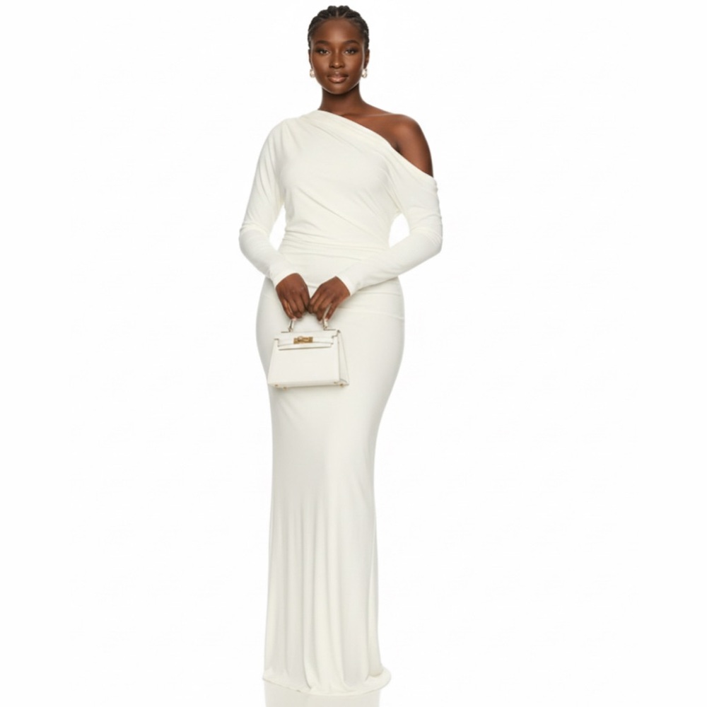 NEW Retail $378 Lexi Peekaboo Elegant One-Shoulder White Long Sleeve Dress